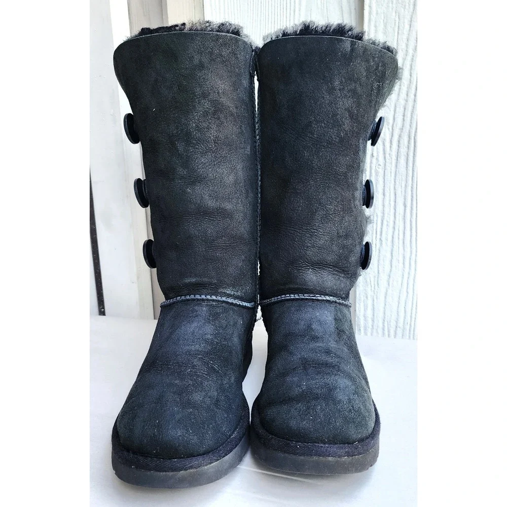 UGG Bailey Button Triplet Sz 7 Black Y2K Suede Shearling Wool Sheepskin Cozy